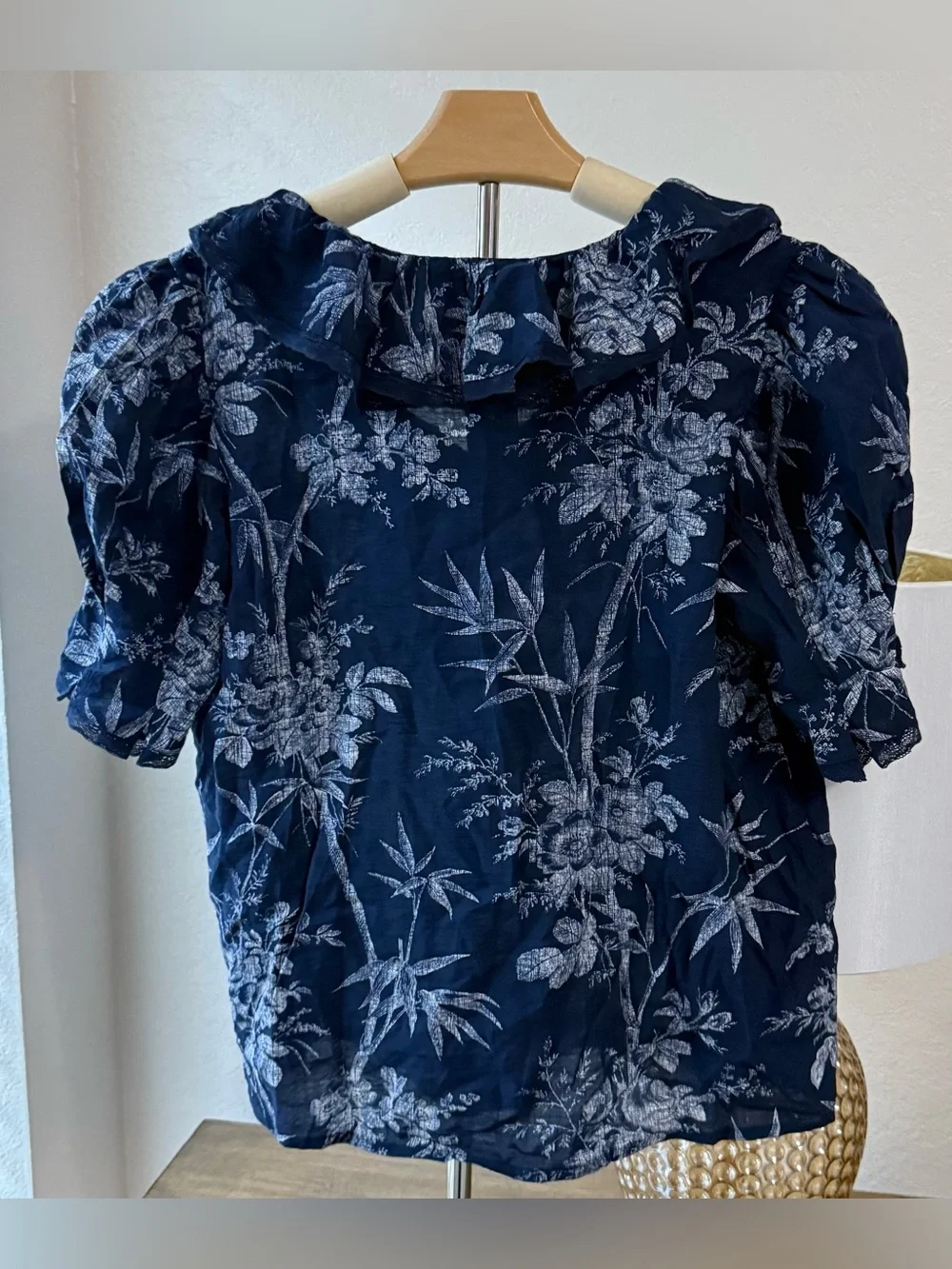 LOFT Navy Blue Floral Ruffle Short Sleeve Blouse NWT- Size Small Petite